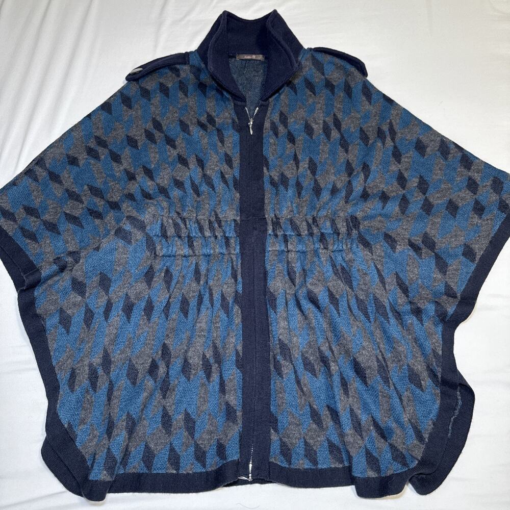 Heather B Poncho Womens Lg Wool Blend Blue Gray Full Zip Knit Sweater Cape EUC